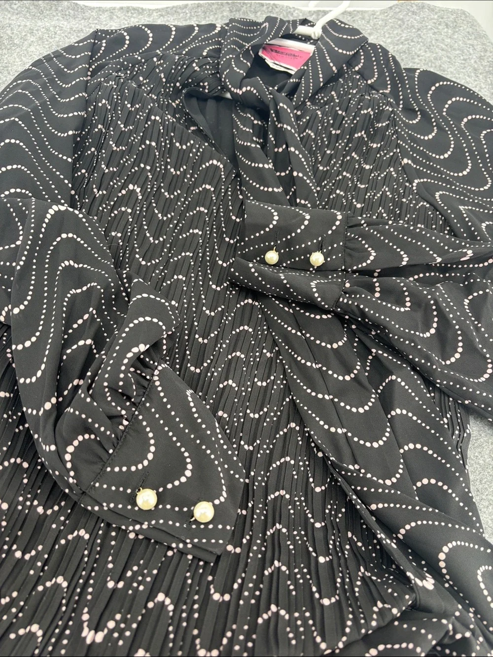 KATE SPADE Black Wavy Dot Pleated Chiffon Necktie long sleeve  lined dress NWT